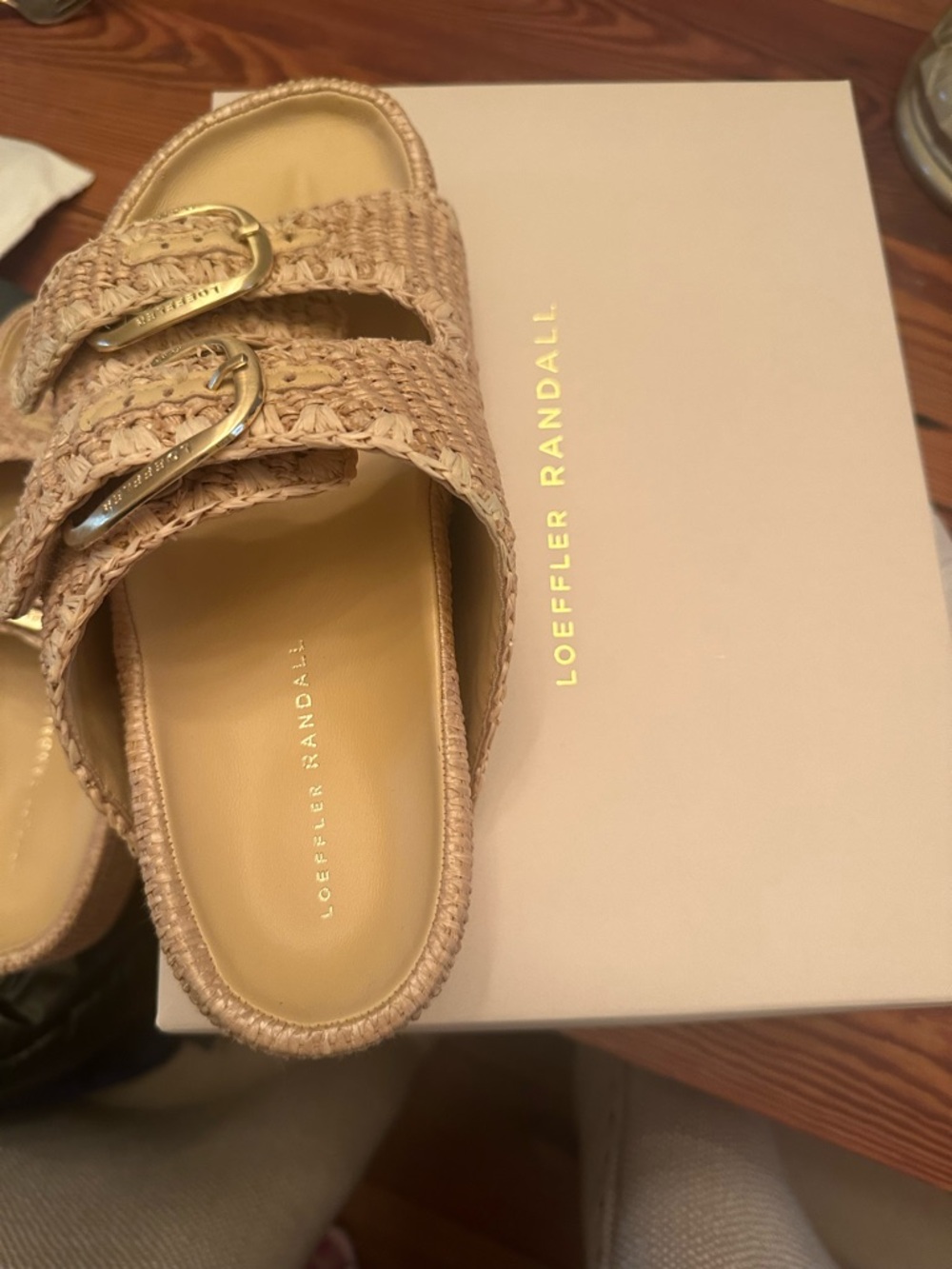 Loeffler Randall Woven Double-Buckle Slide Sandals in Tan - Picture 4 of 5